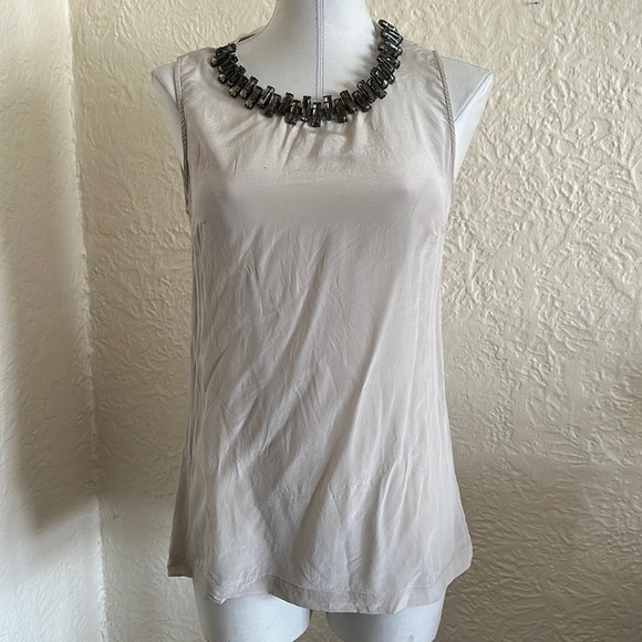 Zara Light Taupe Smoky Gem Bejeweled Neckline Sleeveless Shell Tank Top Small - Picture 1 of 8